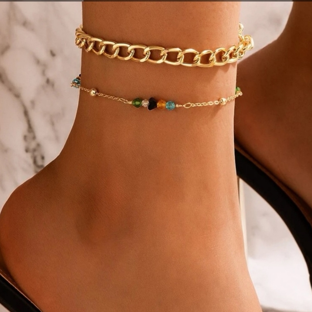2 Piece Gold Stacking Ankle Bracelet Set- 1 Gold Chunky Anklet & 1 Beade…
